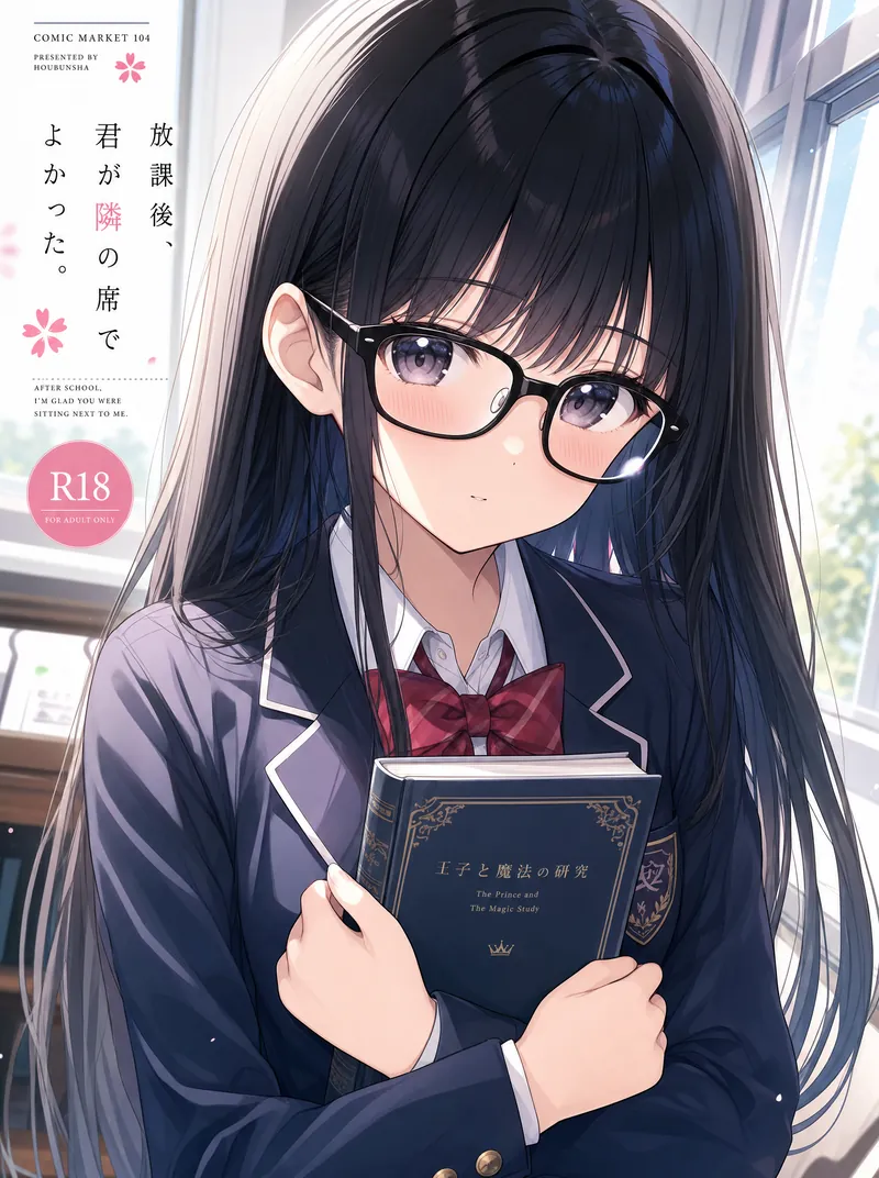 制服姿で黒縁眼鏡をかけた黒髪ロングの眼鏡っ娘